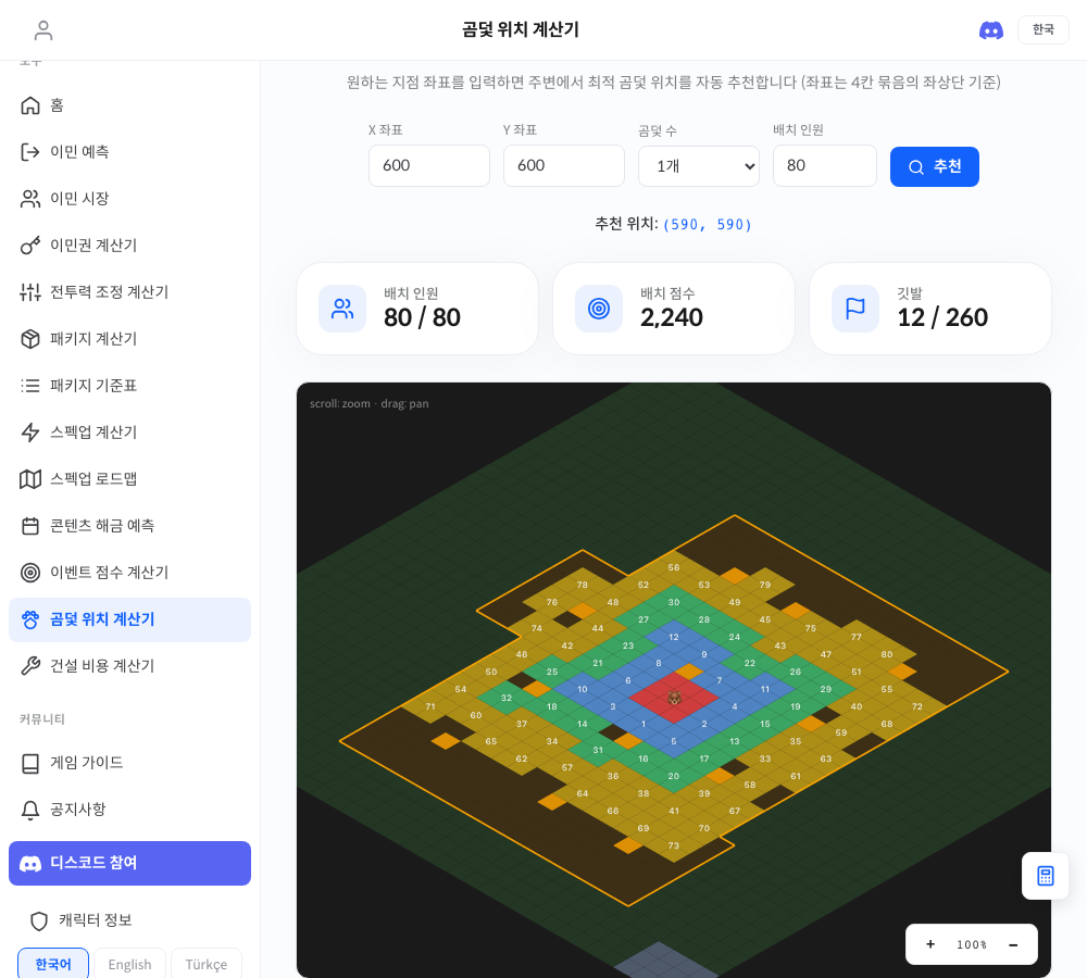 곰덫 위치 계산기 실제 화면 — 아이소메트릭 배치 맵, 배치 인원과 배치 점수