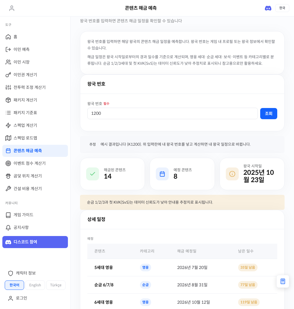콘텐츠 해금 예측 실제 화면 — 왕국 번호 기반 콘텐츠 해금 일정
