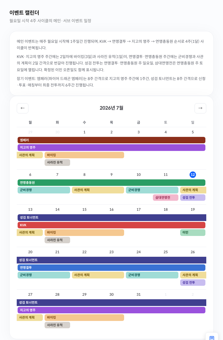 이벤트 캘린더 실제 화면 — 4주 메인 사이클과 서브·장기 이벤트가 기간 막대로 표시된 월간 달력