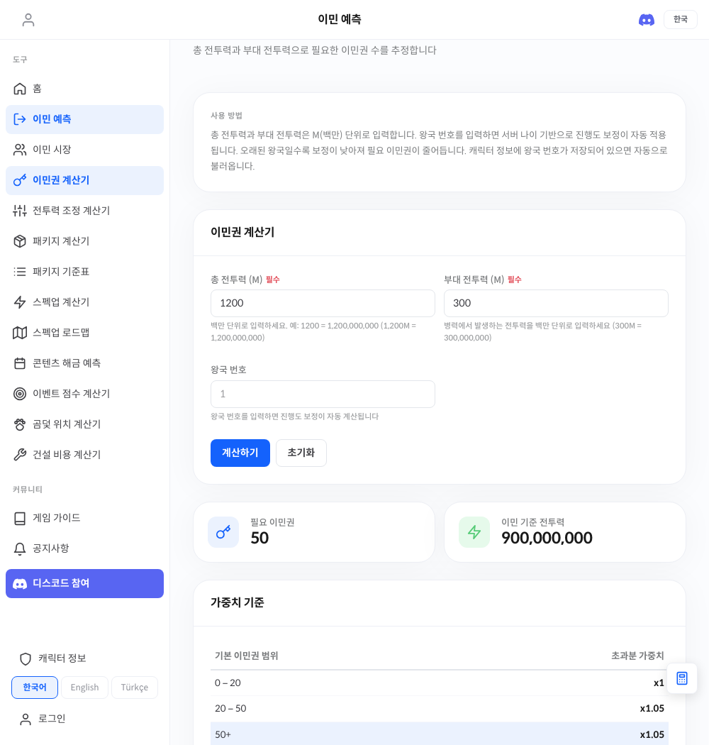 이민권 계산기 실제 화면 — 전투력 입력과 필요 이민권 예상 결과